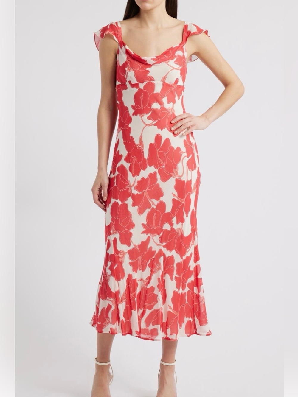 Rails Red and White Floral Flutter Sleeve Dress M
